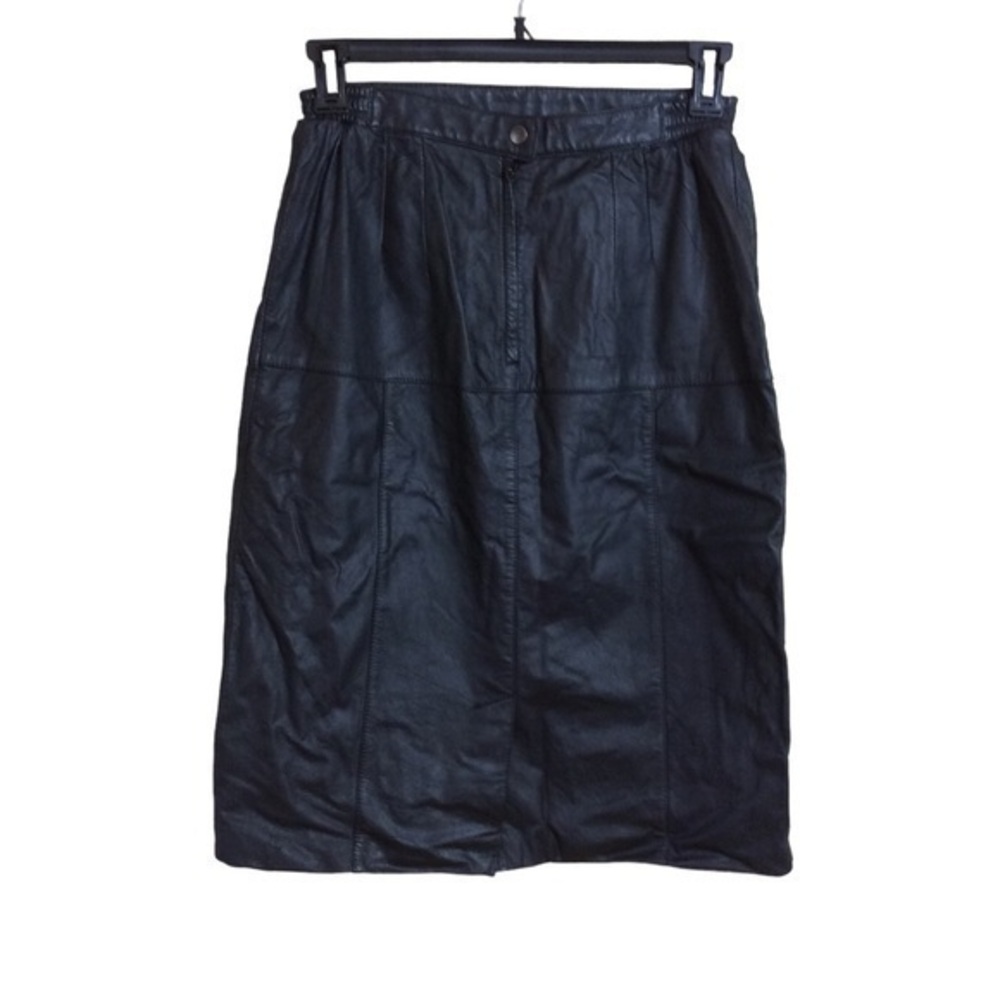 Vintage La Covina knee length leather pencil skirt. Black. Medium